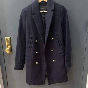 Massimo Dutti Navy Double-Breasted Coat with Gold Buttons
